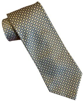 Geoffrey Beene 100% Silk Geometric Tie Blue Olive Gold 4” Wide